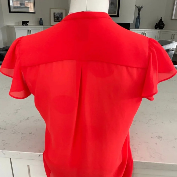 H&M Button Down Front Pleat Detail Flutter Cap Sleeve Sheer Top Orange Sz 6 - Picture 6 of 9